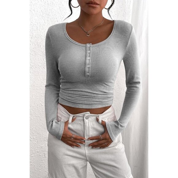 Women's Ribbed Knit Henley Shirt Slim Fit Long Sleeve Casual Top - Picture 3 of 8